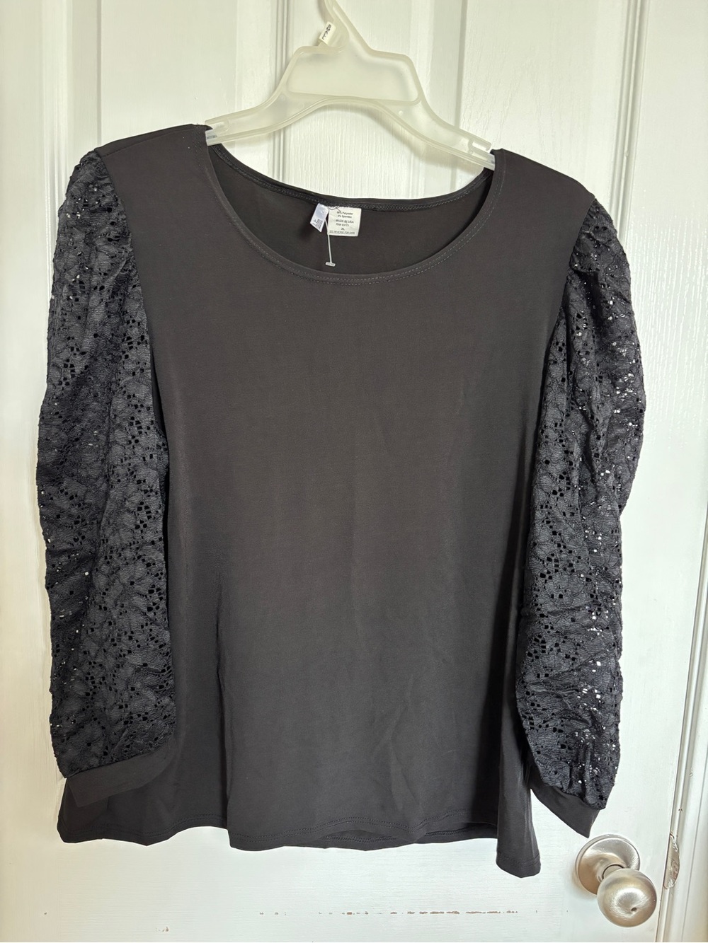 Black Lace Puff-Sleeve Women's Blouse